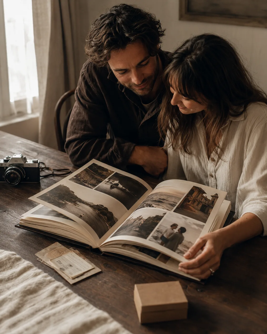 Casal revendo um livro de memórias de viagem.