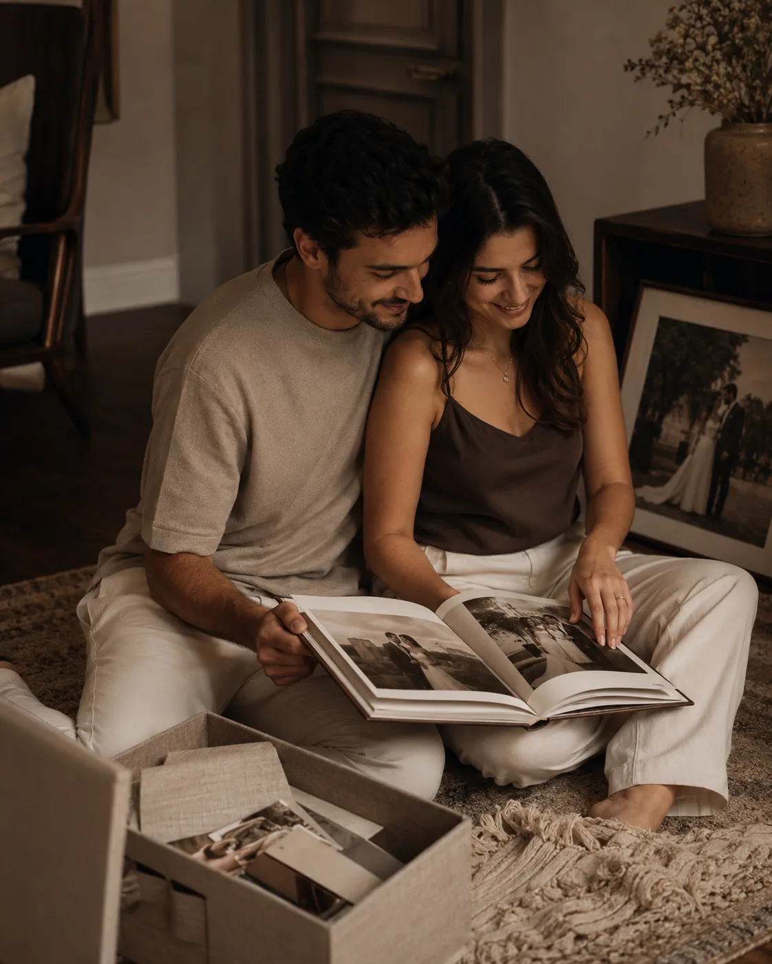 Casal sentado folheando um livro de casamento.