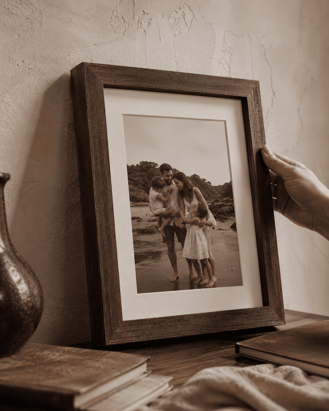 Quadro de família com moldura de madeira apoiado em uma mesa de madeira.