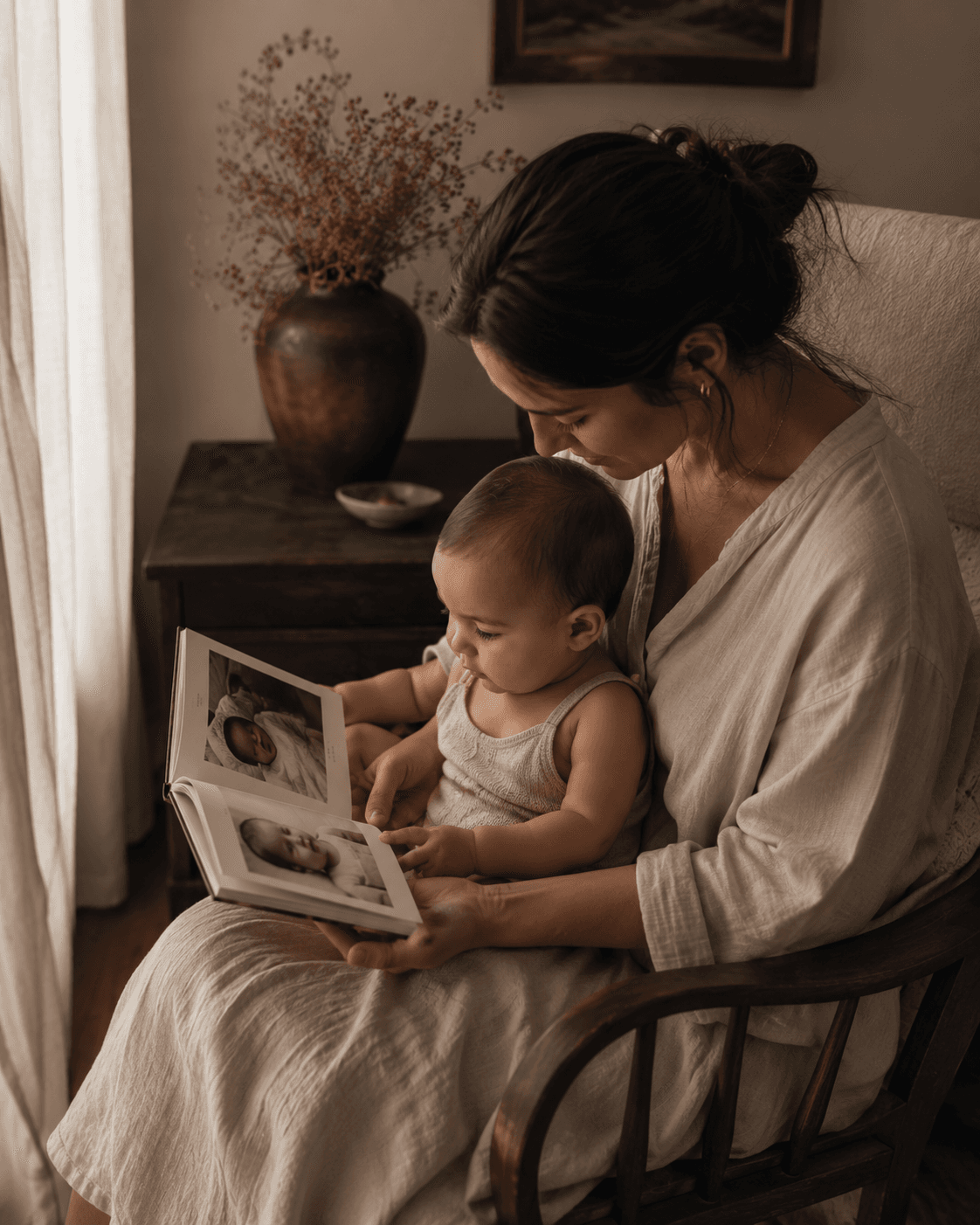 Mae com bebe no colo folheando um livro de memorias perto da janela.