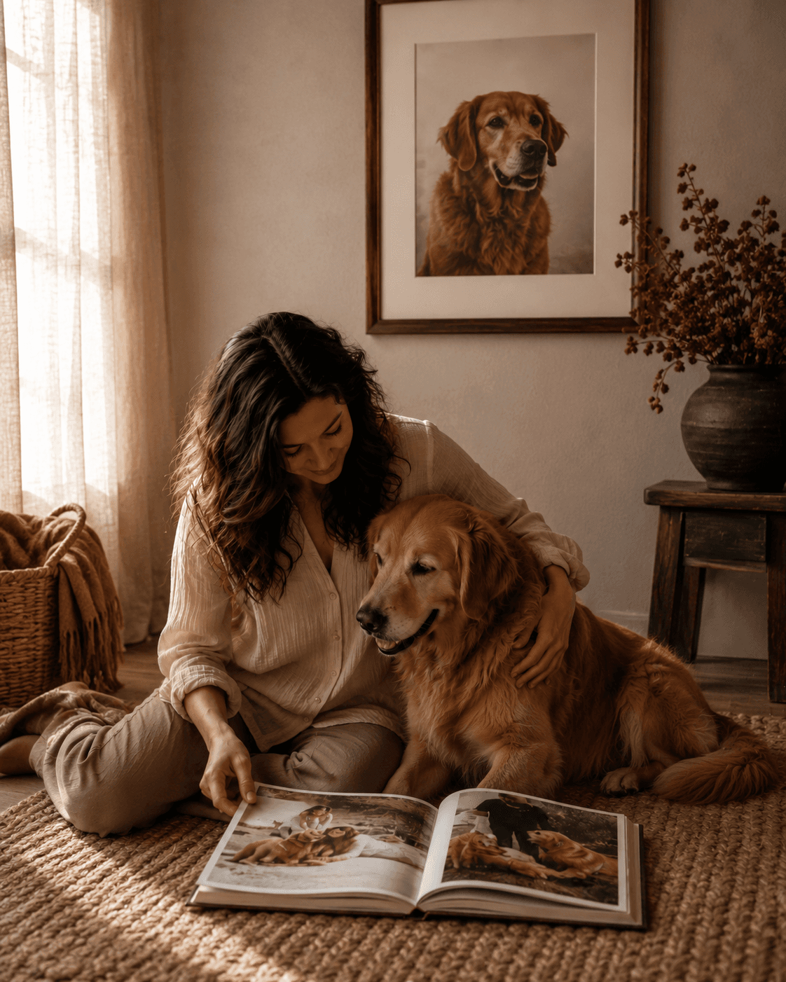 Mulher sentada ao lado de um cachorro com livro de memorias aberto e quadro na parede.