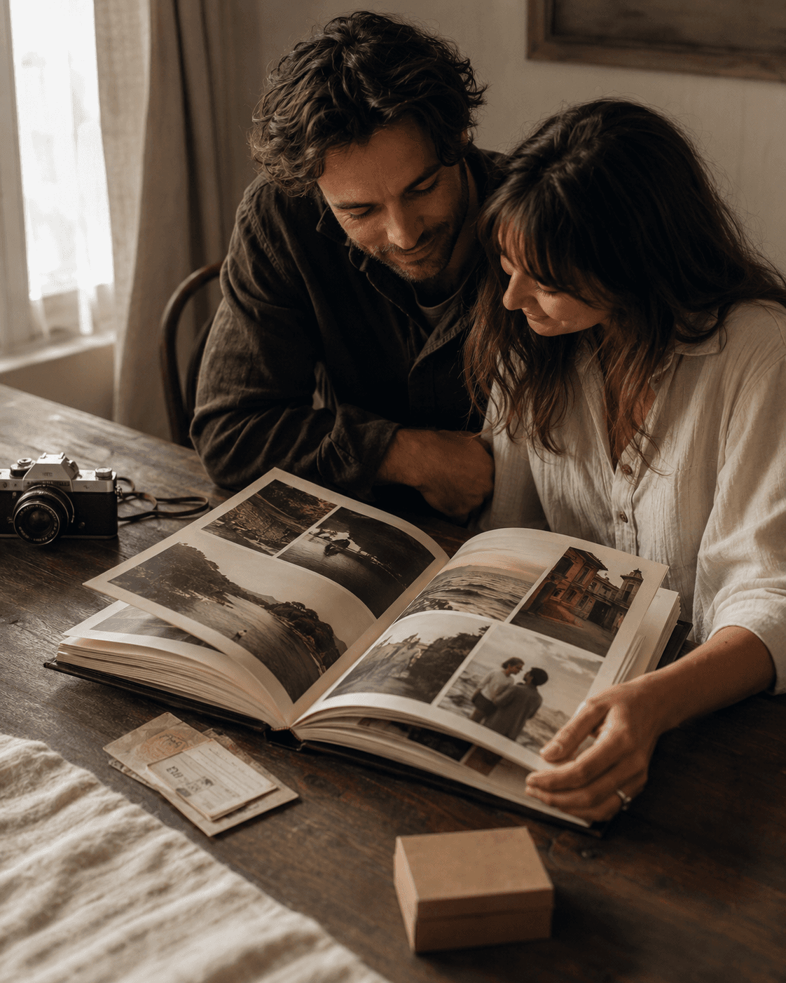 Casal revendo um livro de memorias de viagem sobre uma mesa de madeira.