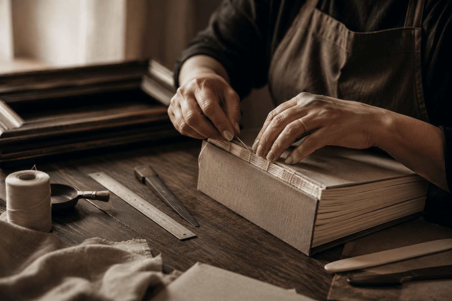 Maos costuram a lombada de um livro de memorias artesanal sobre uma bancada de madeira.